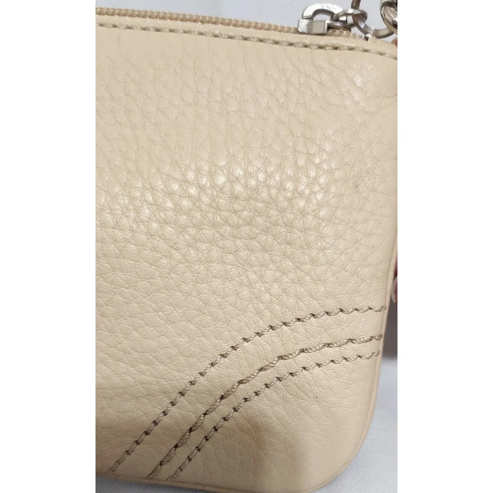 Coach Pebbled Leather Wristlet Cream Beige Silver Hardware Zip Pouch Small Bag